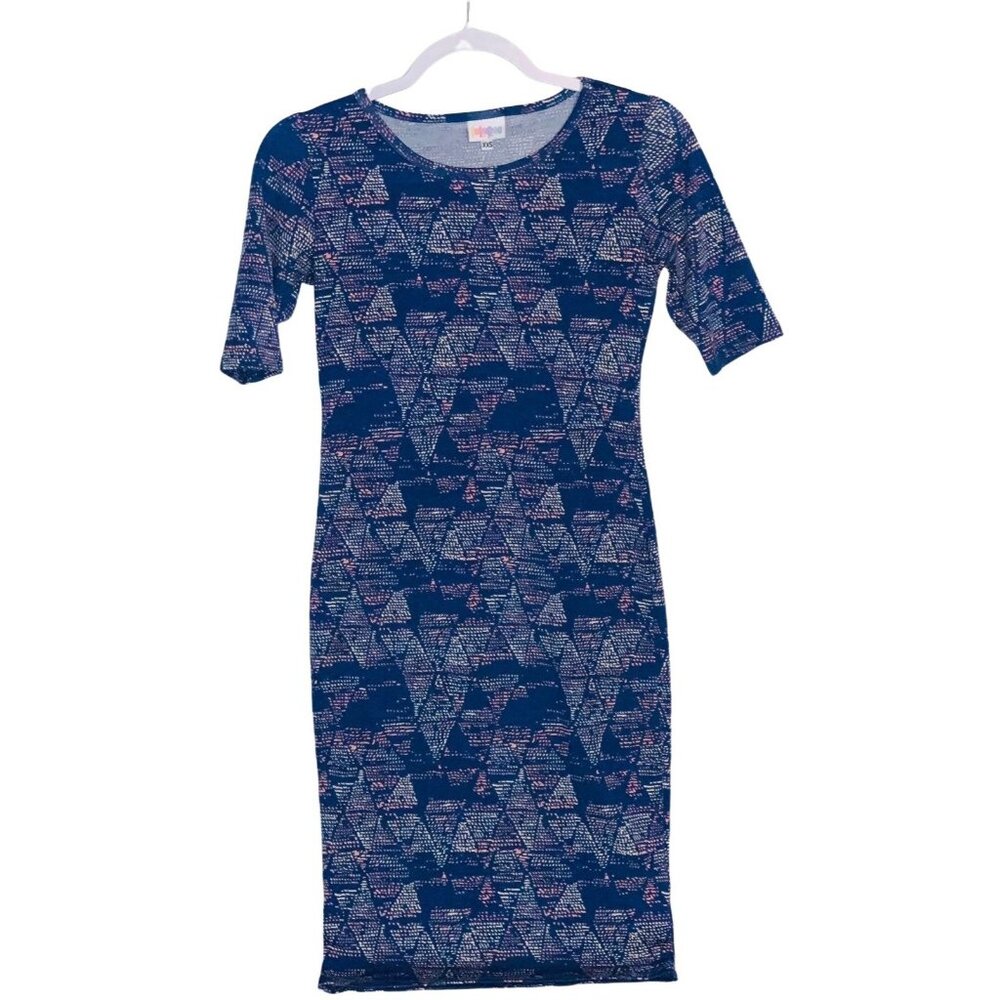 LuLaRoe XXS Blue Geometric Print Stretchy Short Sleeve Midi Dress